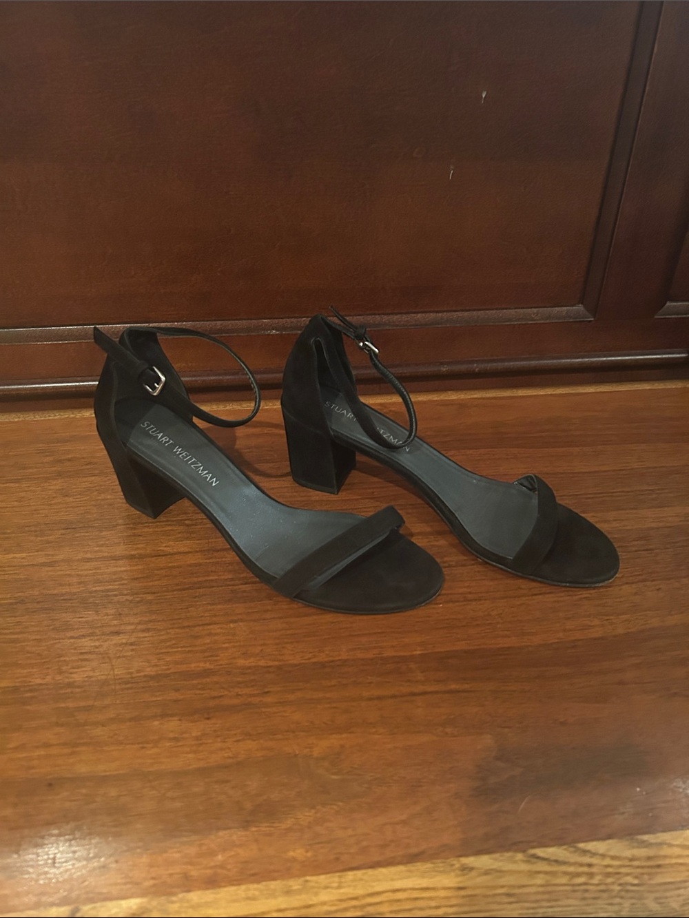 Stuart Weitzman Black Suede Open-Toe Ankle-Strap Heels